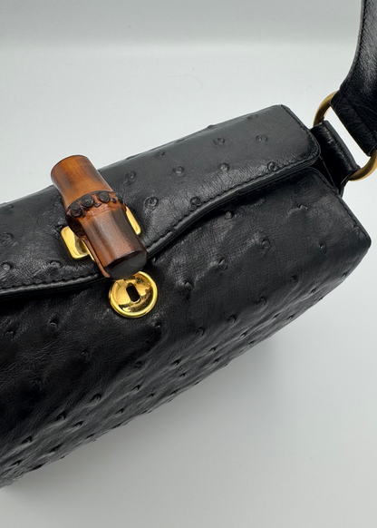 Vintage Gucci Ostrich Top Handle Bag with Bamboo Push Lock Closure