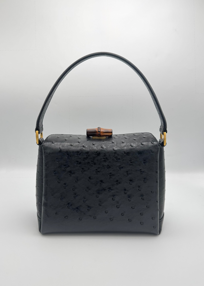 Vintage Gucci Ostrich Top Handle Bag with Bamboo Push Lock Closure