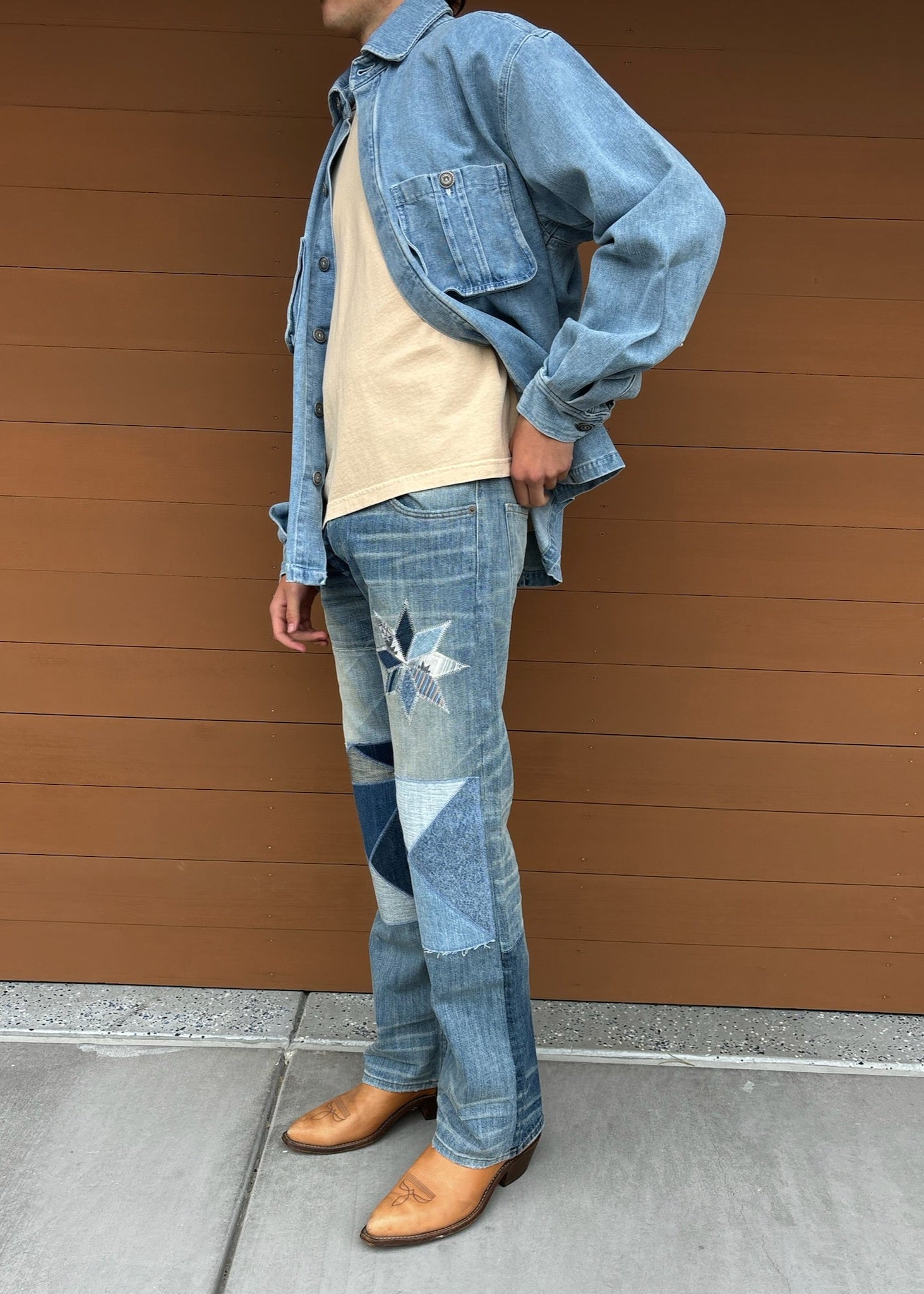 Person wearing Vintage Heavy Dad Straight Leg Quilted Jeans