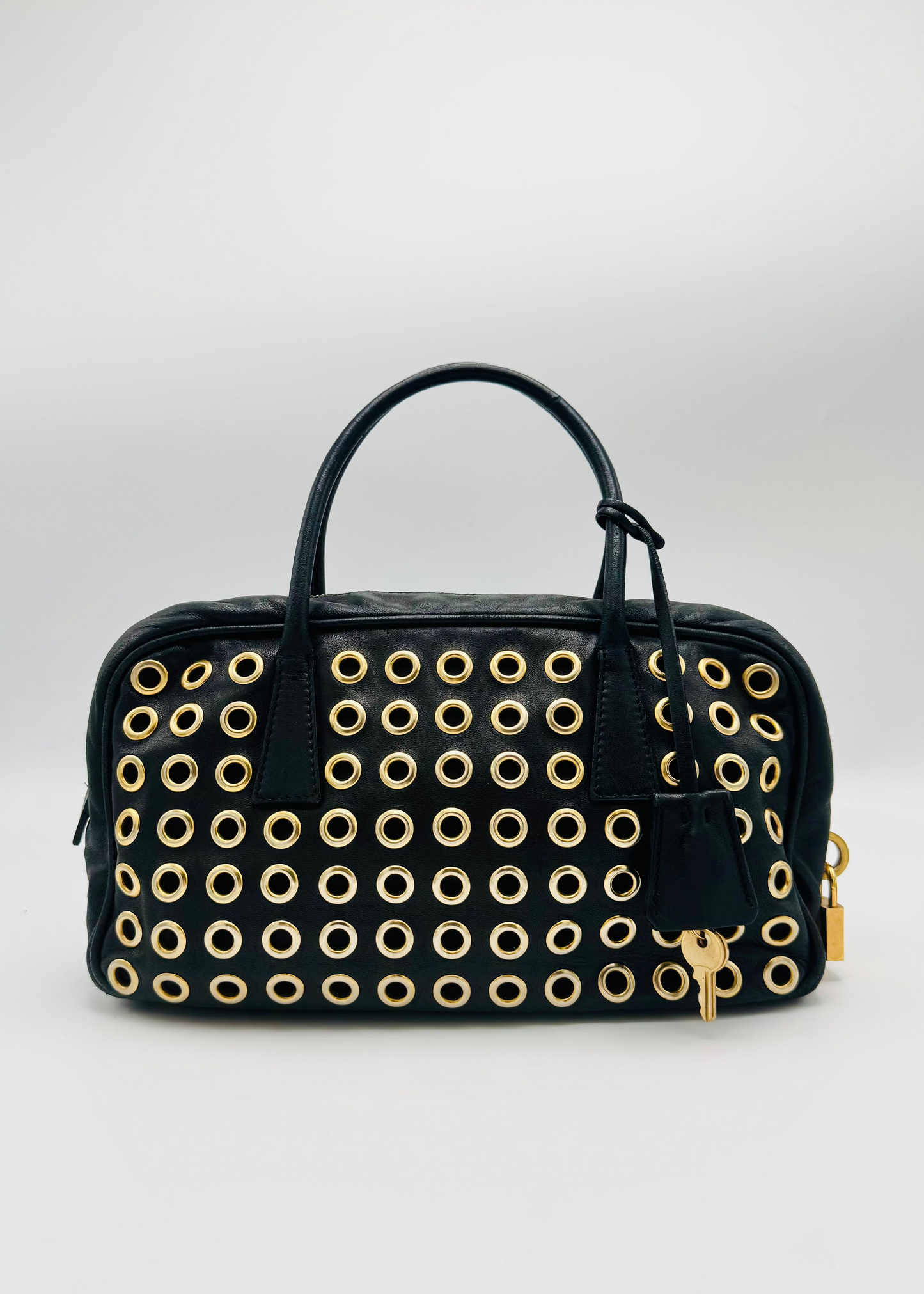 Vintage Prada Black Leather Grommet Top Handle Bag