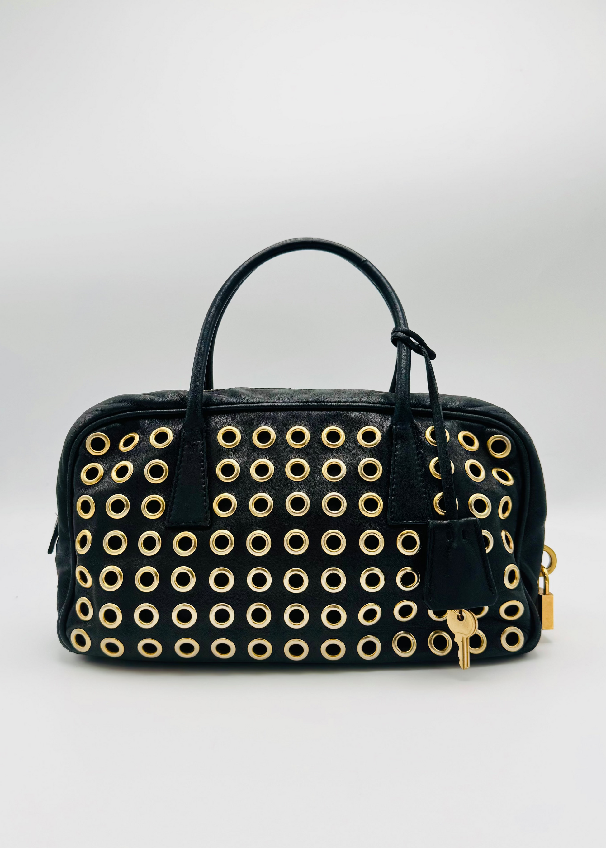 Vintage Prada Black Leather Grommet Top Handle Bag