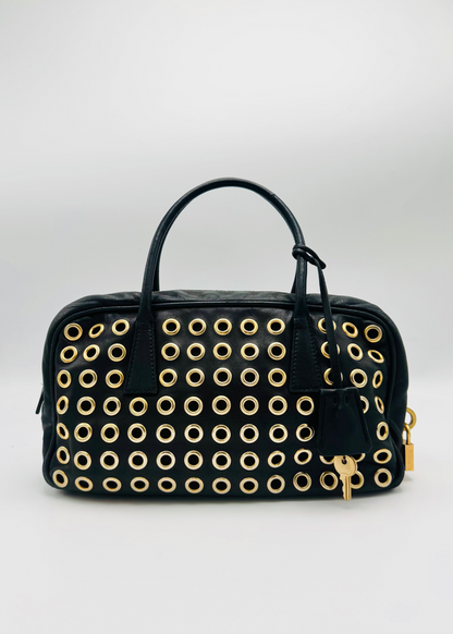 Vintage Prada Black Leather Grommet Top Handle Bag