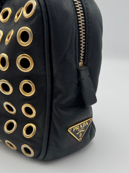 Vintage Prada Black Leather Grommet Top Handle Bag