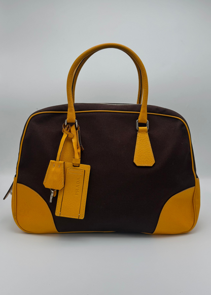 Vintage Prada Brown Canvas & Mustard Cervo Leather Bowler Bag