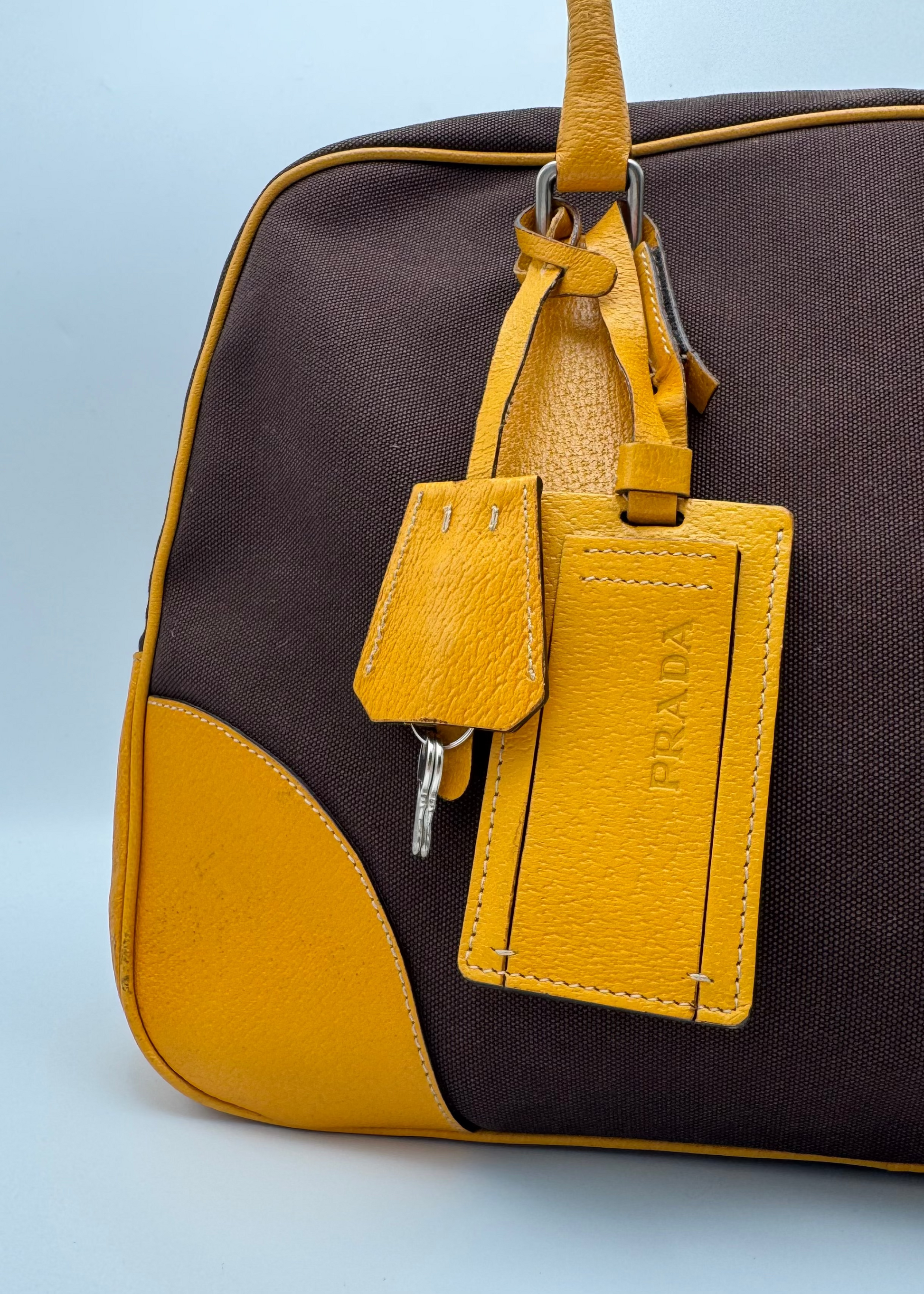 Vintage Prada Brown Canvas & Mustard Cervo Leather Bowler Bag