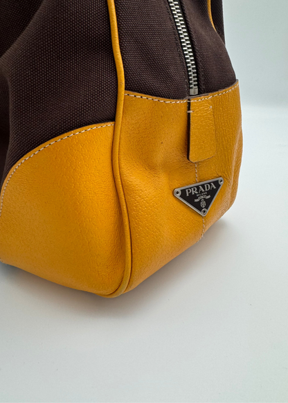 Vintage Prada Brown Canvas & Mustard Cervo Leather Bowler Bag