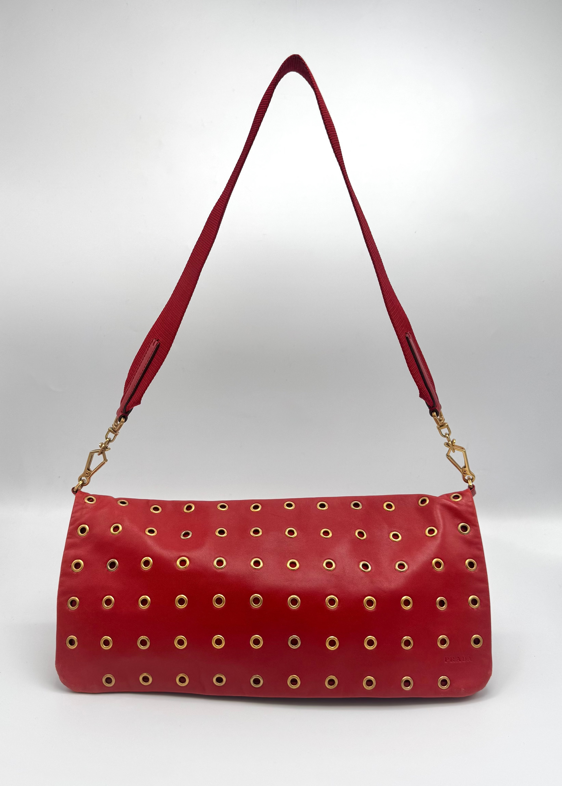 Vintage Prada Red Nappa Leather Grommet Pochette