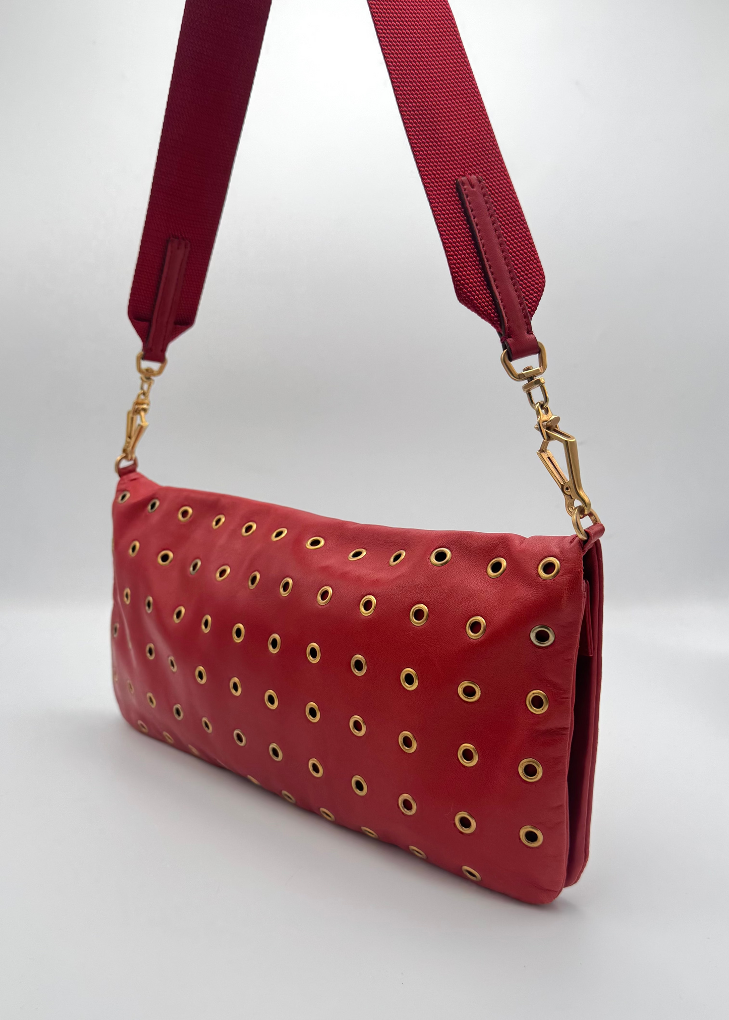 Vintage Prada Red Nappa Leather Grommet Pochette