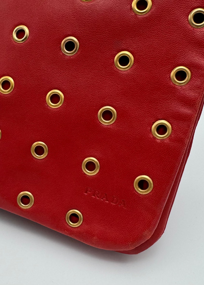 Vintage Prada Red Nappa Leather Grommet Pochette
