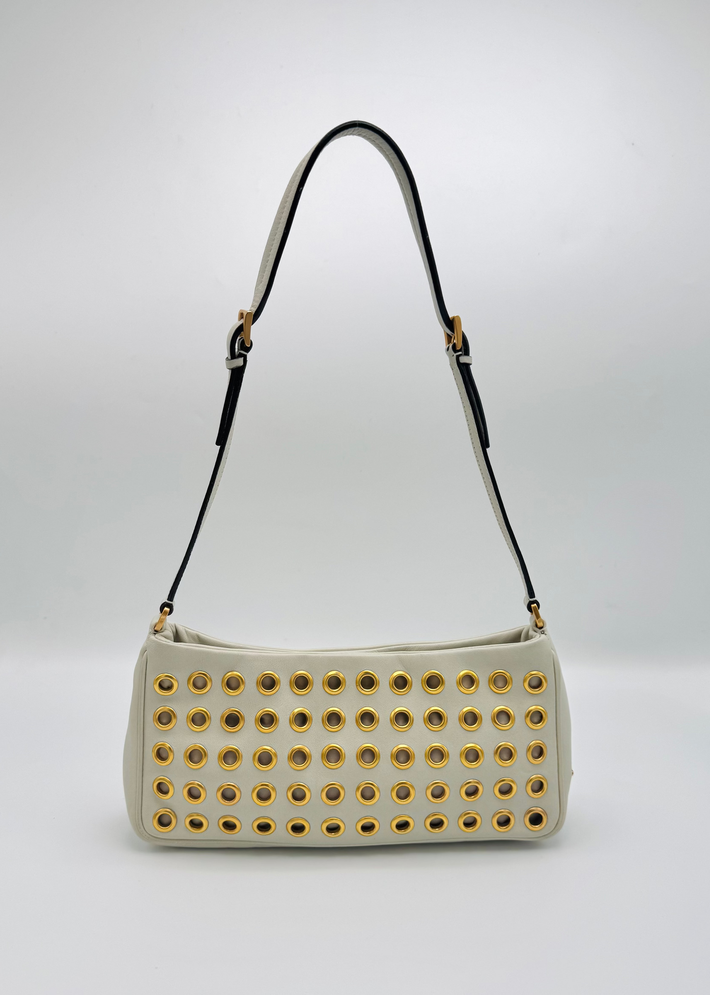 Vintage Prada White Nappa Leather Grommet Shoulder Bag
