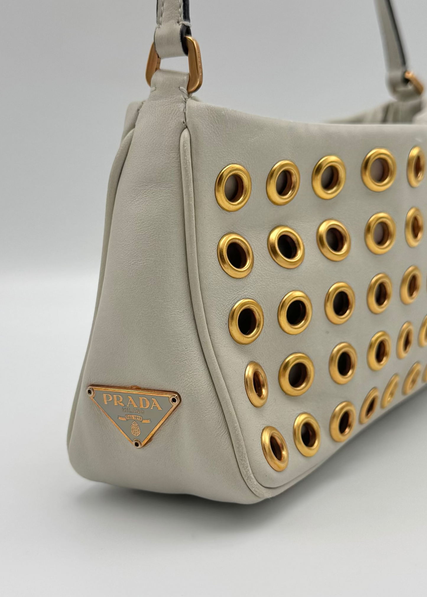 Vintage Prada White Nappa Leather Grommet Shoulder Bag