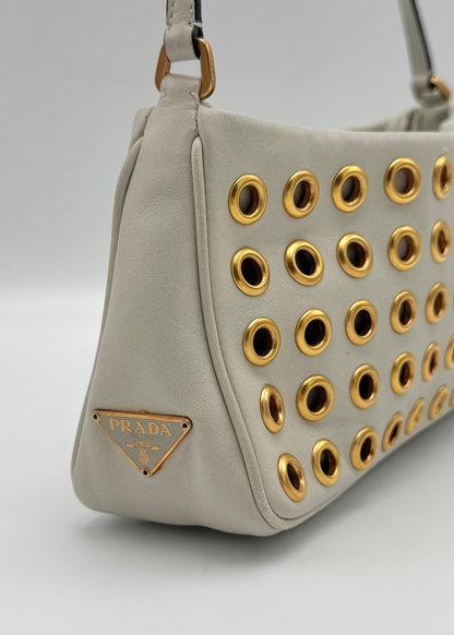 Vintage Prada White Nappa Leather Grommet Shoulder Bag