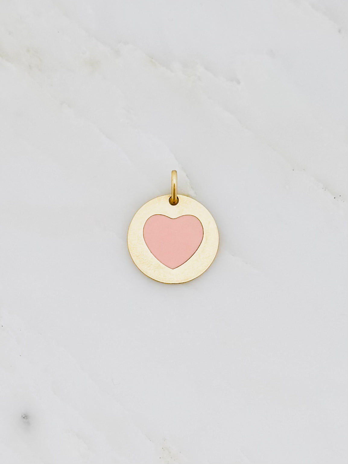 Vintage fine jewelry 14k yellow gold pink Enamel Heart Disc Pendant
