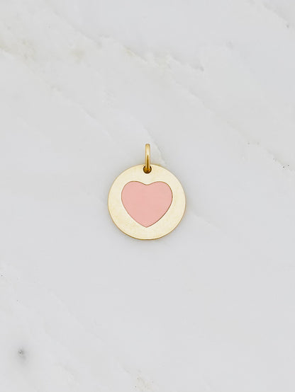Vintage fine jewelry 14k yellow gold pink Enamel Heart Disc Pendant