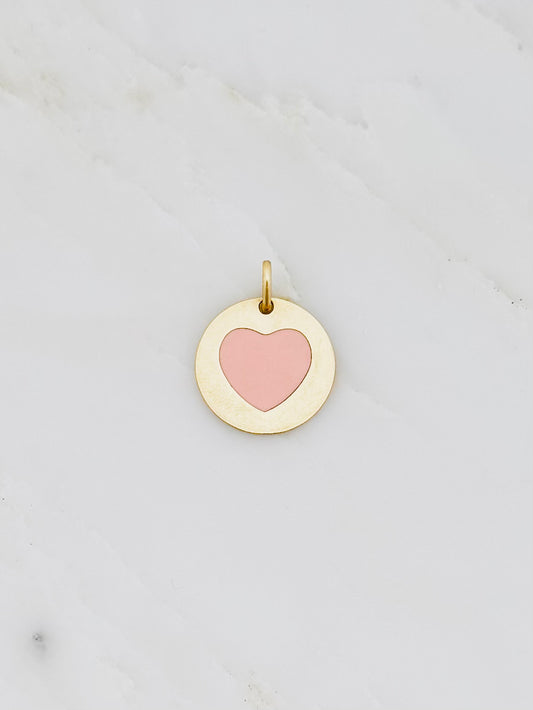 Vintage fine jewelry 14k yellow gold pink Enamel Heart Disc Pendant