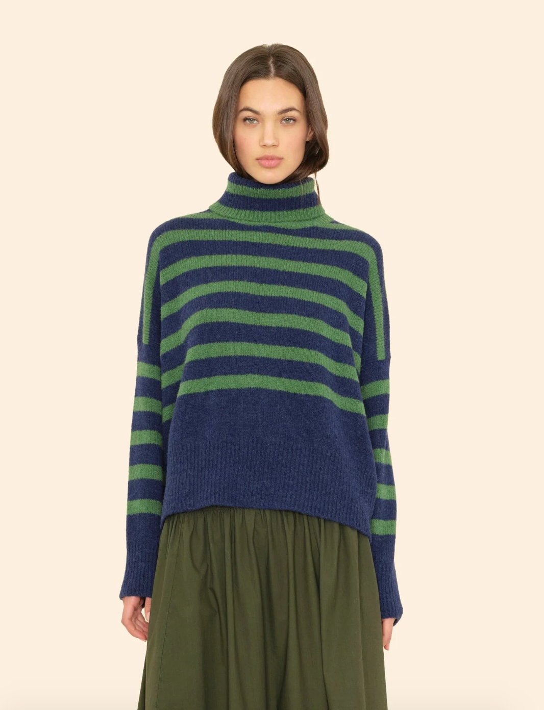 Person wearing XIrena womens Brady Sweater in Navy Pine Stripe