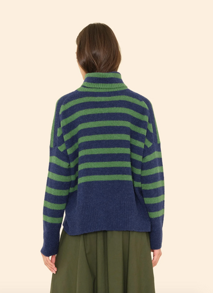 Person wearing XIrena womens Brady Sweater in Navy Pine Stripe