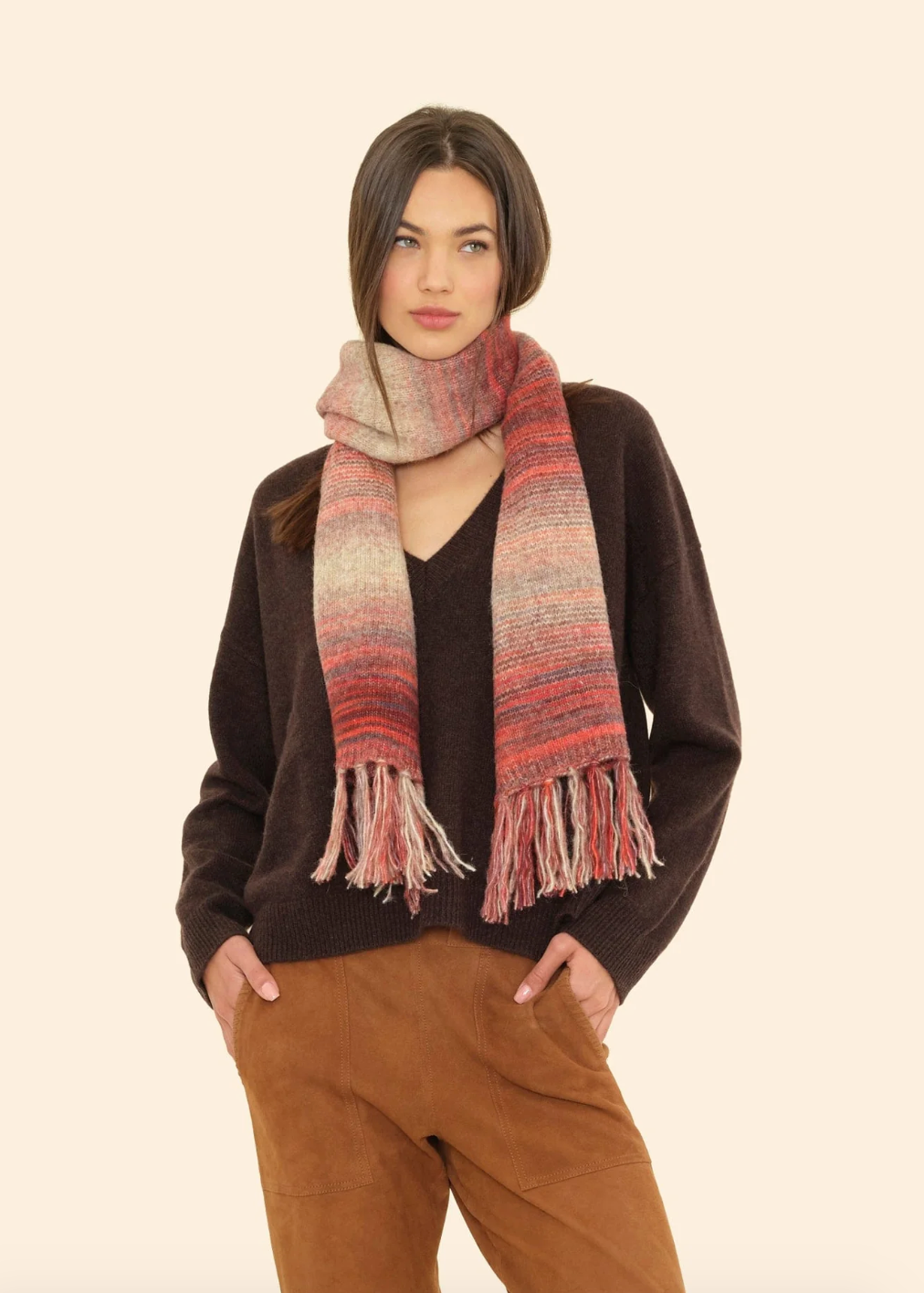 Person wearing Xirena Cotton Wool Fonda Scarf in Sienna Ombre