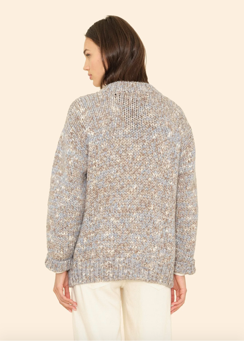 Person wearing Xirena Marvin Cardigan Light Blue Melange Alpaca Cotton