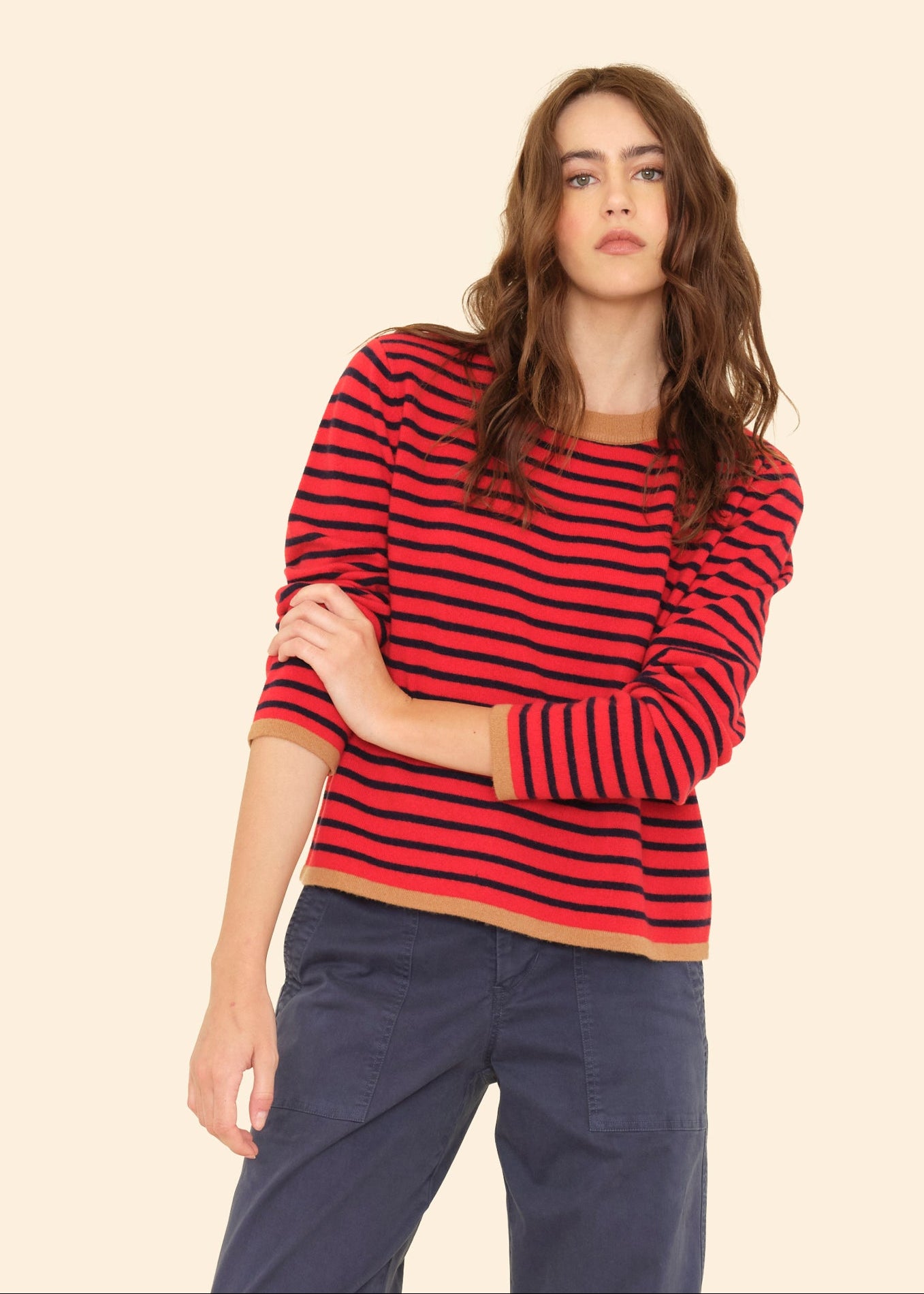 Person wearing Xirena womens Maxwell Sweater in Red Stripe
