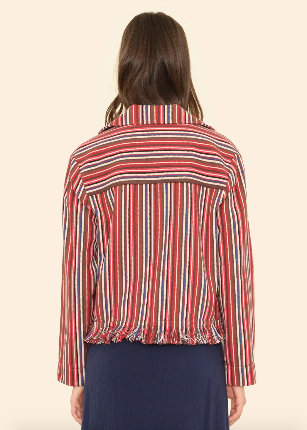 Person wearing Xirena womens Onyx Stripe Garett Jacket