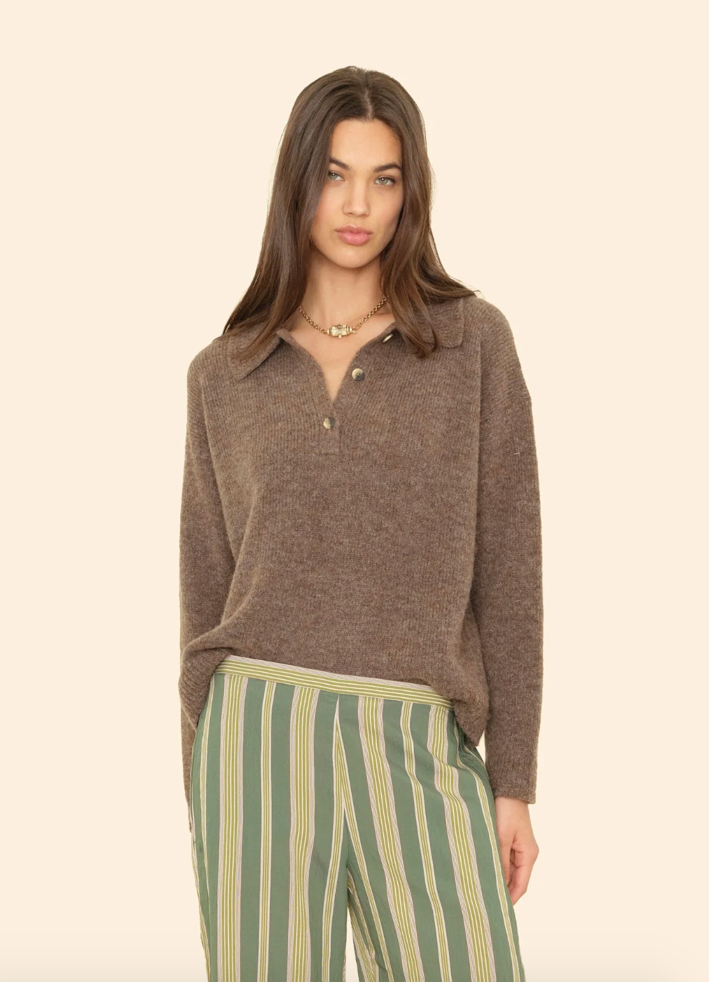 Person wearing Xirena womens alpaca Ethan Sweater in Taupe