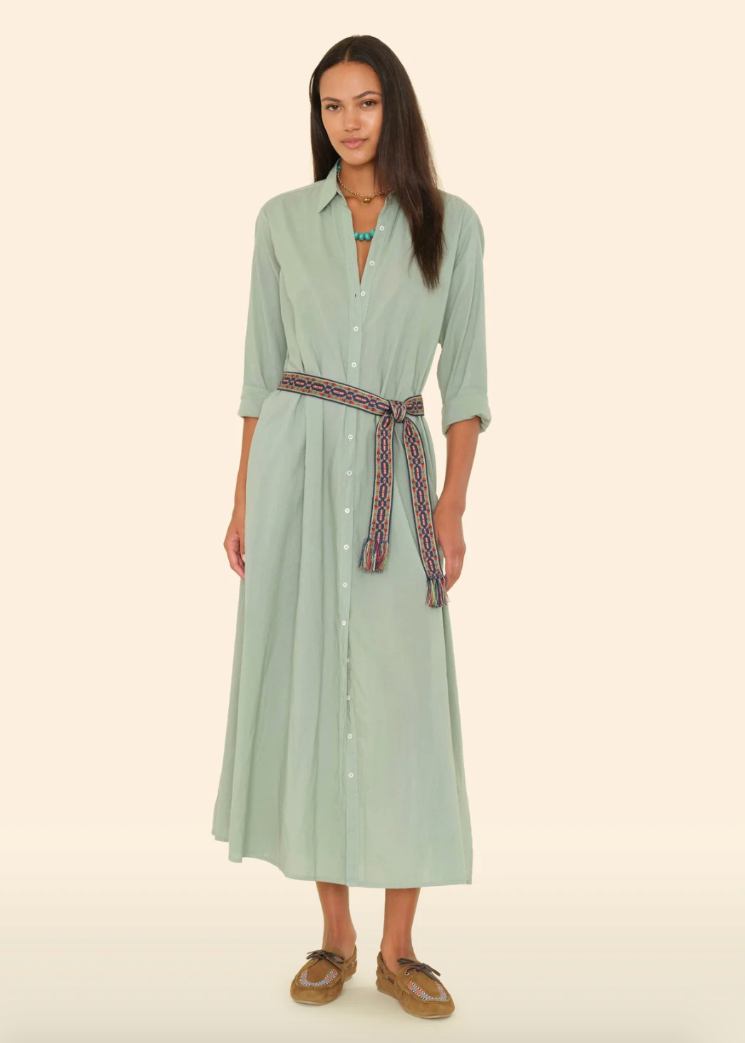 Person wearing Xirena womens cotton Boden Dress in Sage Leaf
