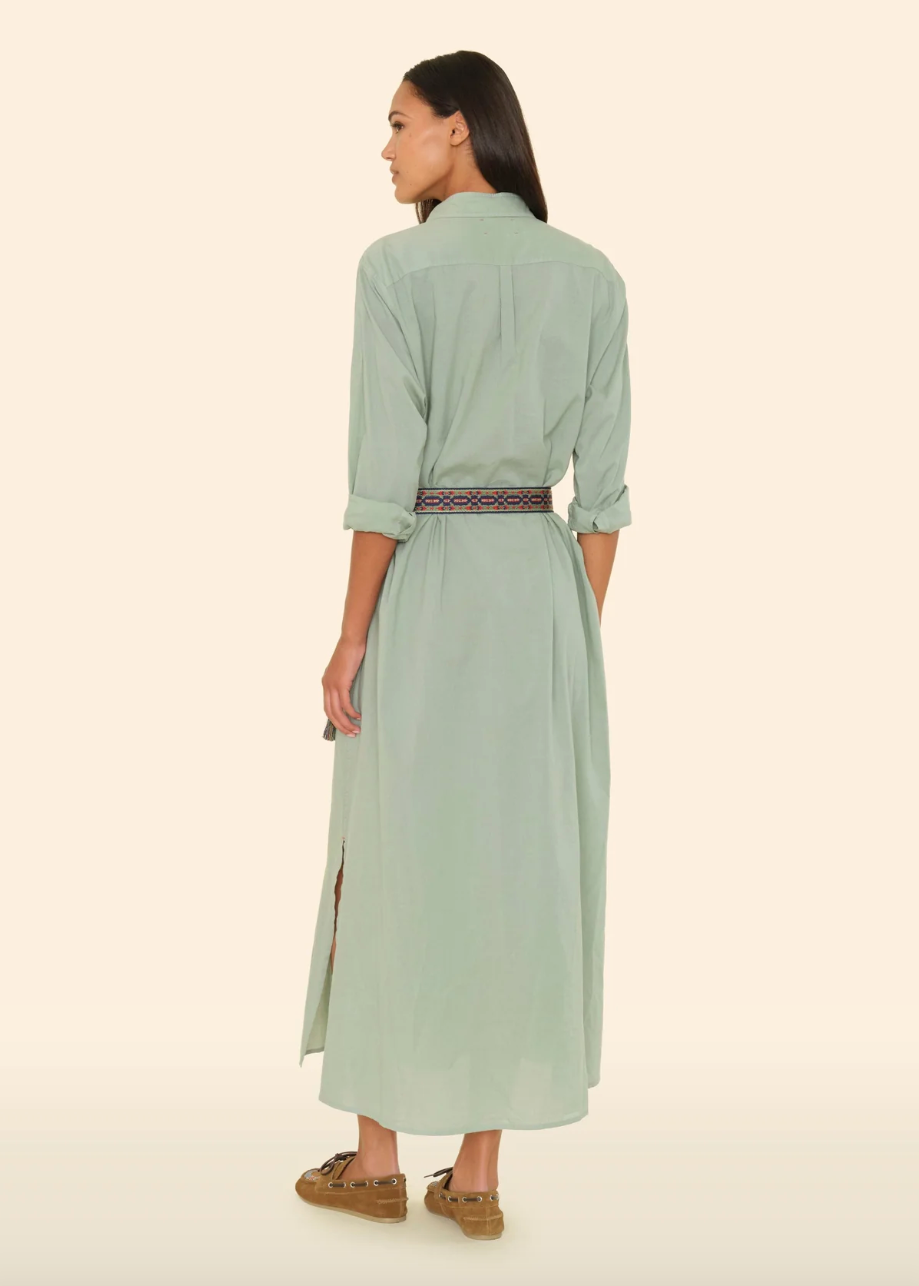 Person wearing Xirena womens cotton Boden Dress in Sage Leaf