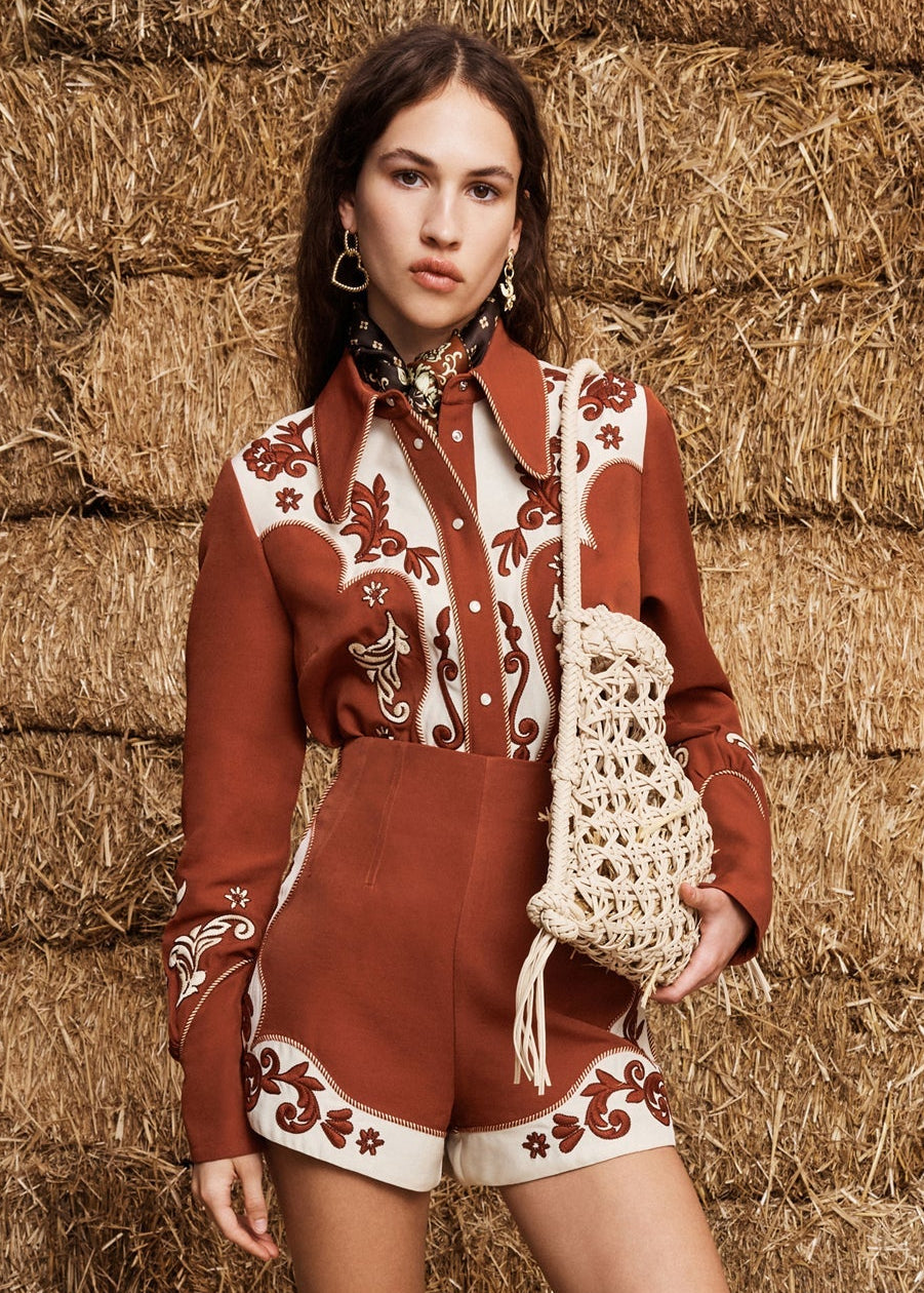person wearing alemais womens Duke Embroidered Shirt