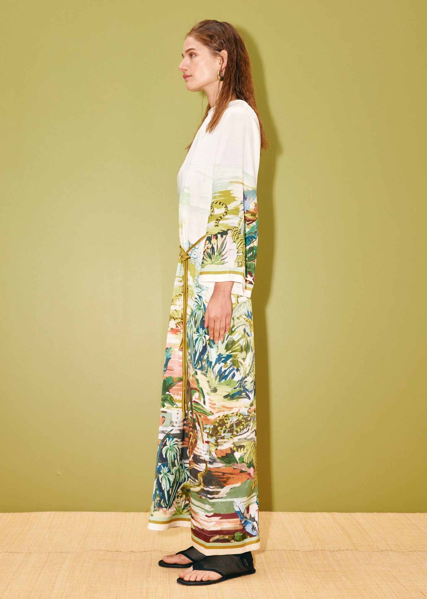 person wearing alemais womens Jungle Boogie Silk Midi Dress