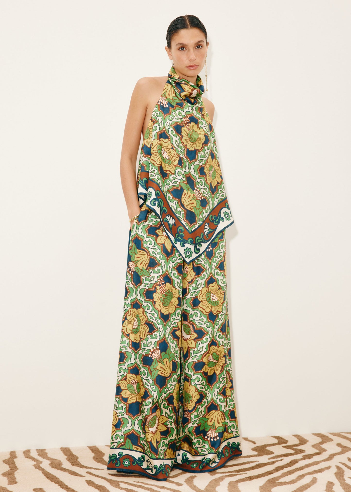person wearing alemais womens Liana Silk Palazzo Pants