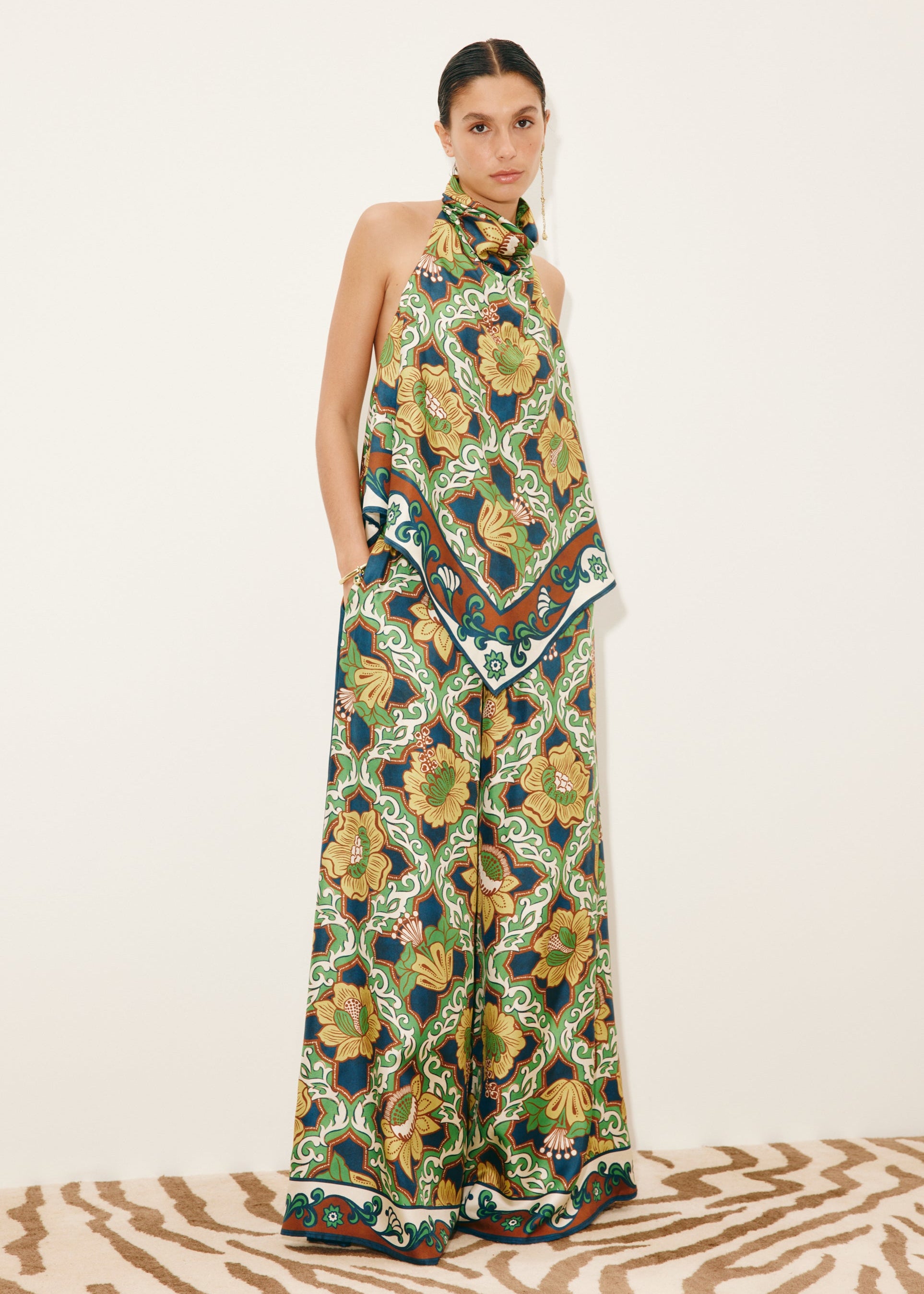 person wearing alemais womens Liana Silk Palazzo Pants