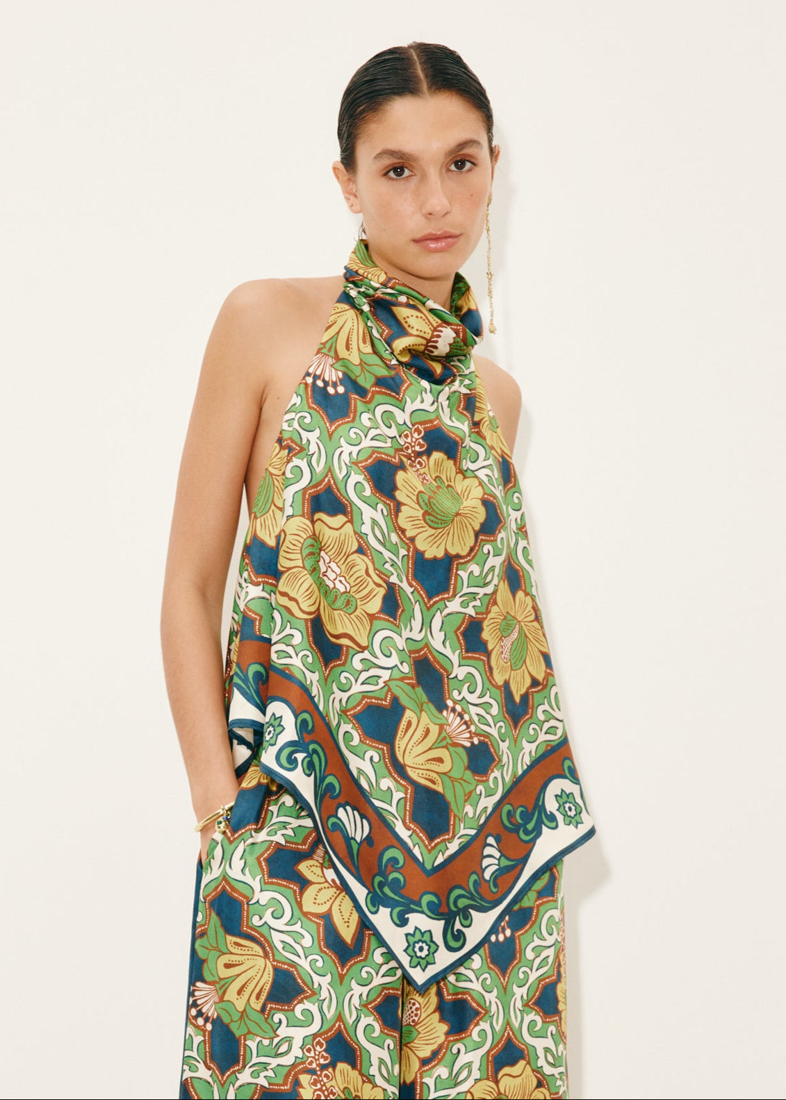person wearing alemais womens Liana Silk Top and pants