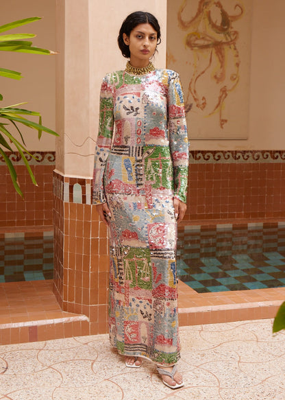 person wearing alemais womens Lumira printed Sequin Gown multicolor