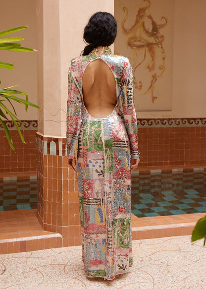 person wearing alemais womens Lumira printed Sequin Gown multicolor