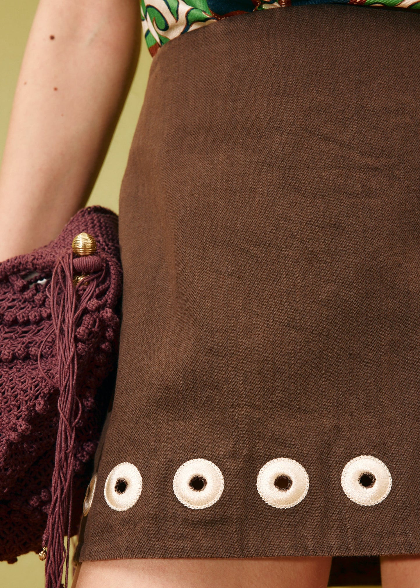 person wearing alemais womens Tobe Denim Skirt chocolate
