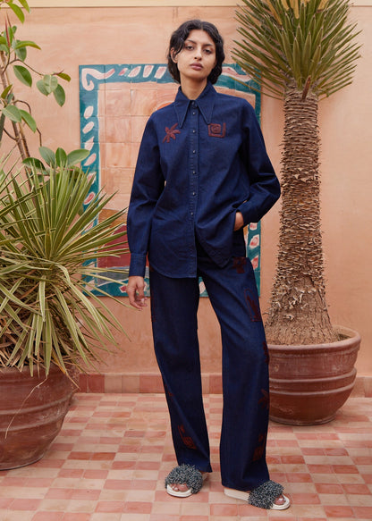 person wearing alemais womens cotton Delany Embellished Denim Shirt