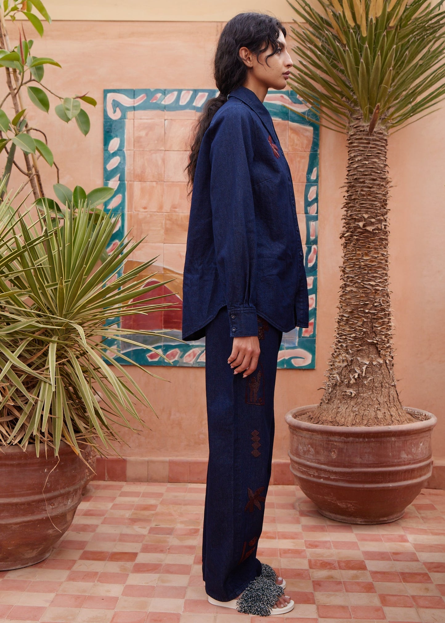 person wearing alemais womens cotton Delany Embellished Denim Shirt