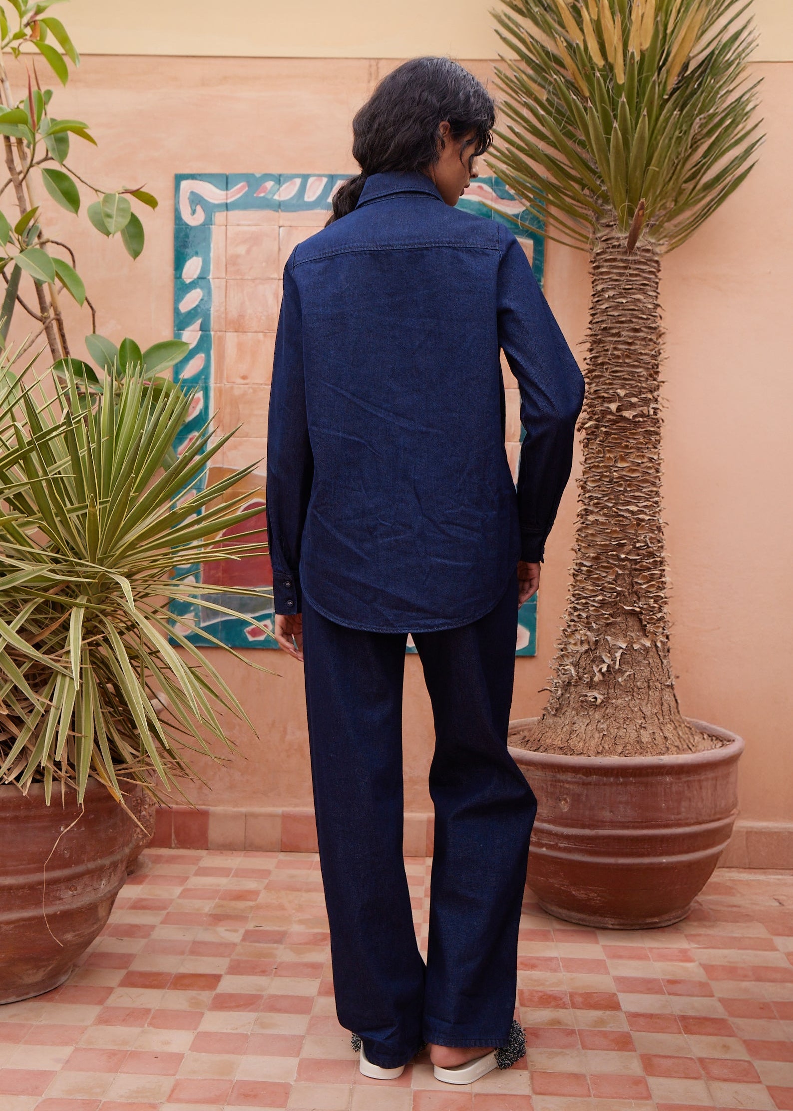 person wearing alemais womens cotton Delany Embellished Denim Shirt