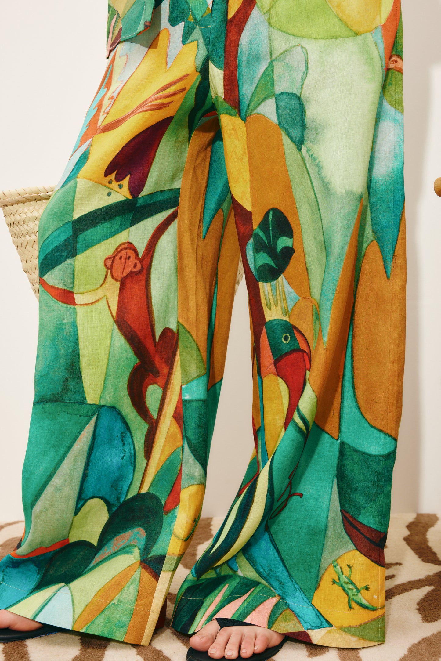 person wearing alemais womens linen Mokshini Pants printed multicolor