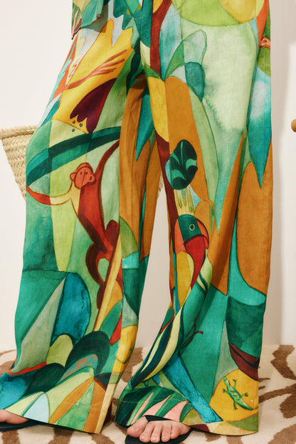 person wearing alemais womens linen Mokshini Pants printed multicolor