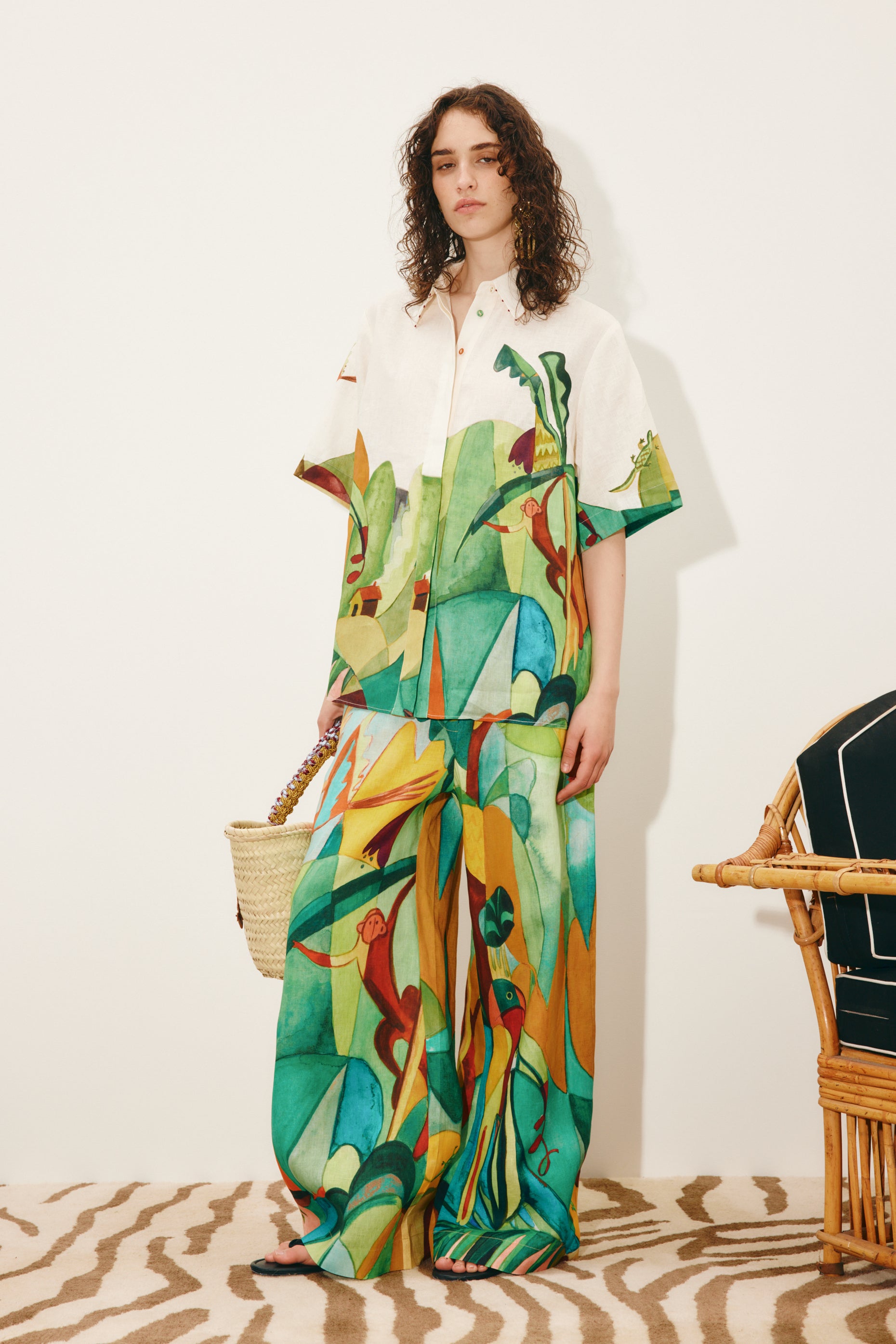 person wearing alemais womens linen Mokshini Pants printed multicolor