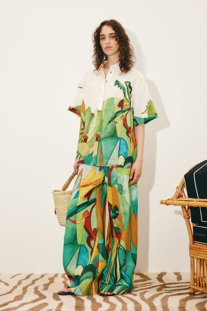 person wearing alemais womens linen Mokshini Pants printed multicolor