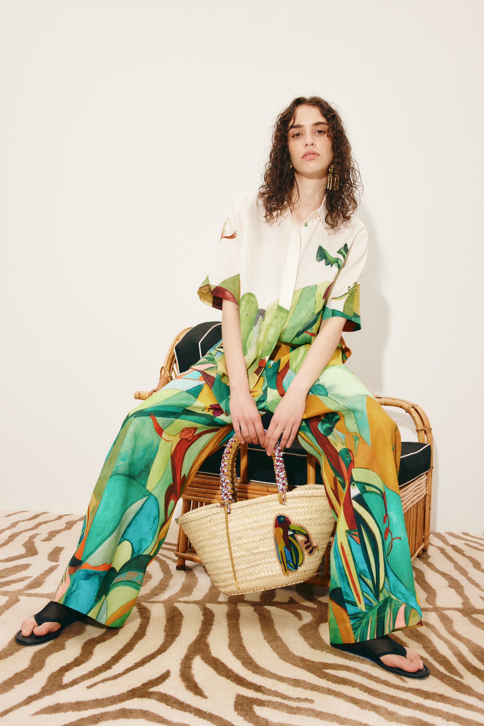 person wearing alemais womens linen Mokshini Pants printed multicolor