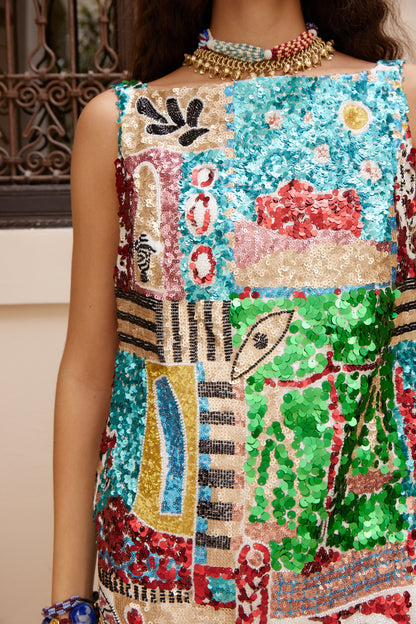 person wearing alemais womens multicolor sequin Jazz Embellished Mini Dress