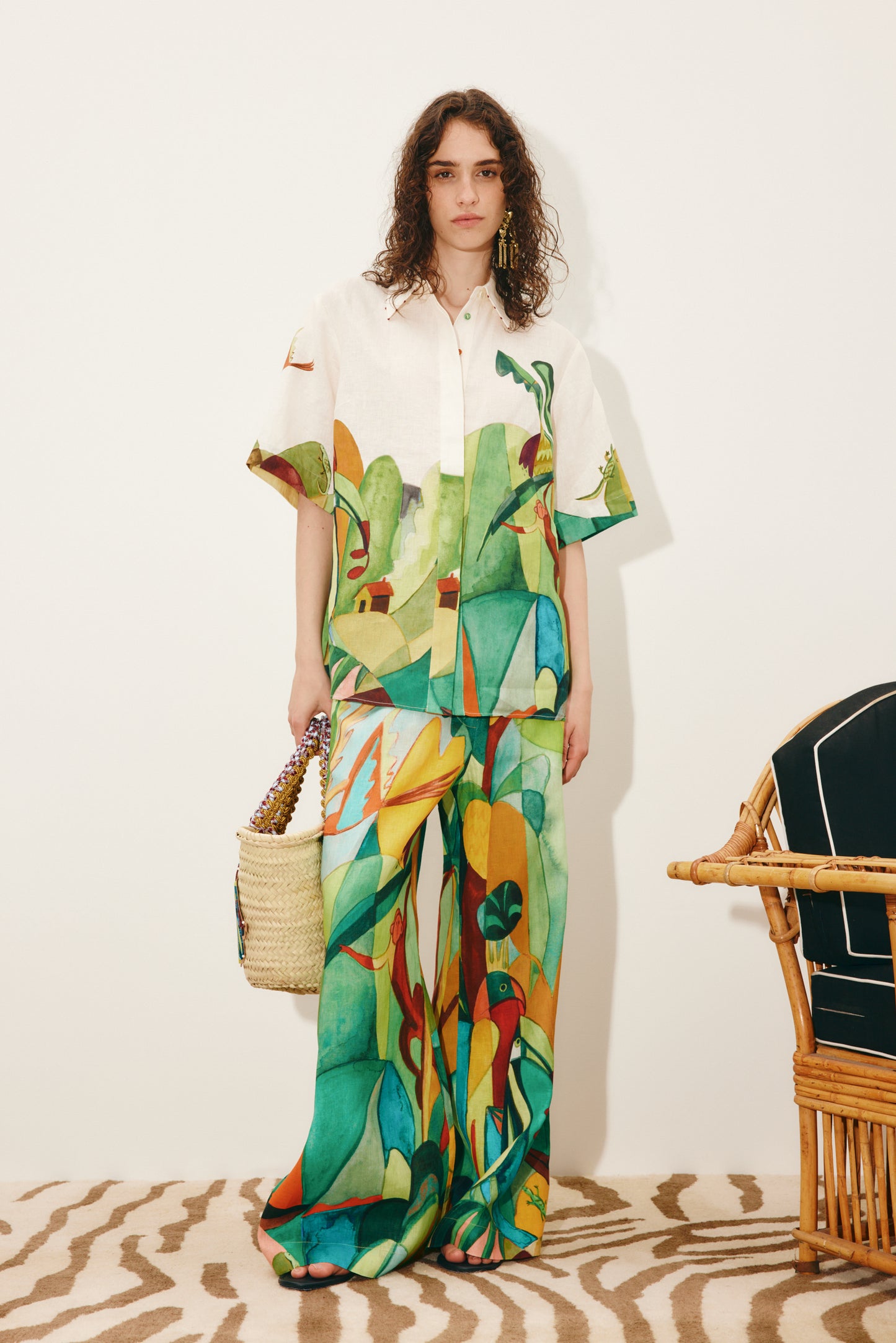 person wearing alemais womens printed linen Mokshini Shirt