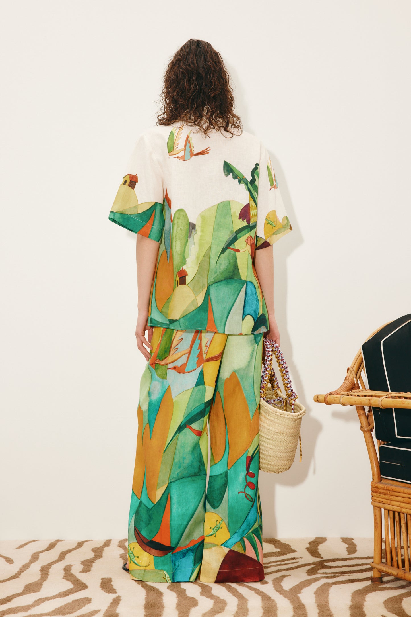 person wearing alemais womens printed linen Mokshini Shirt