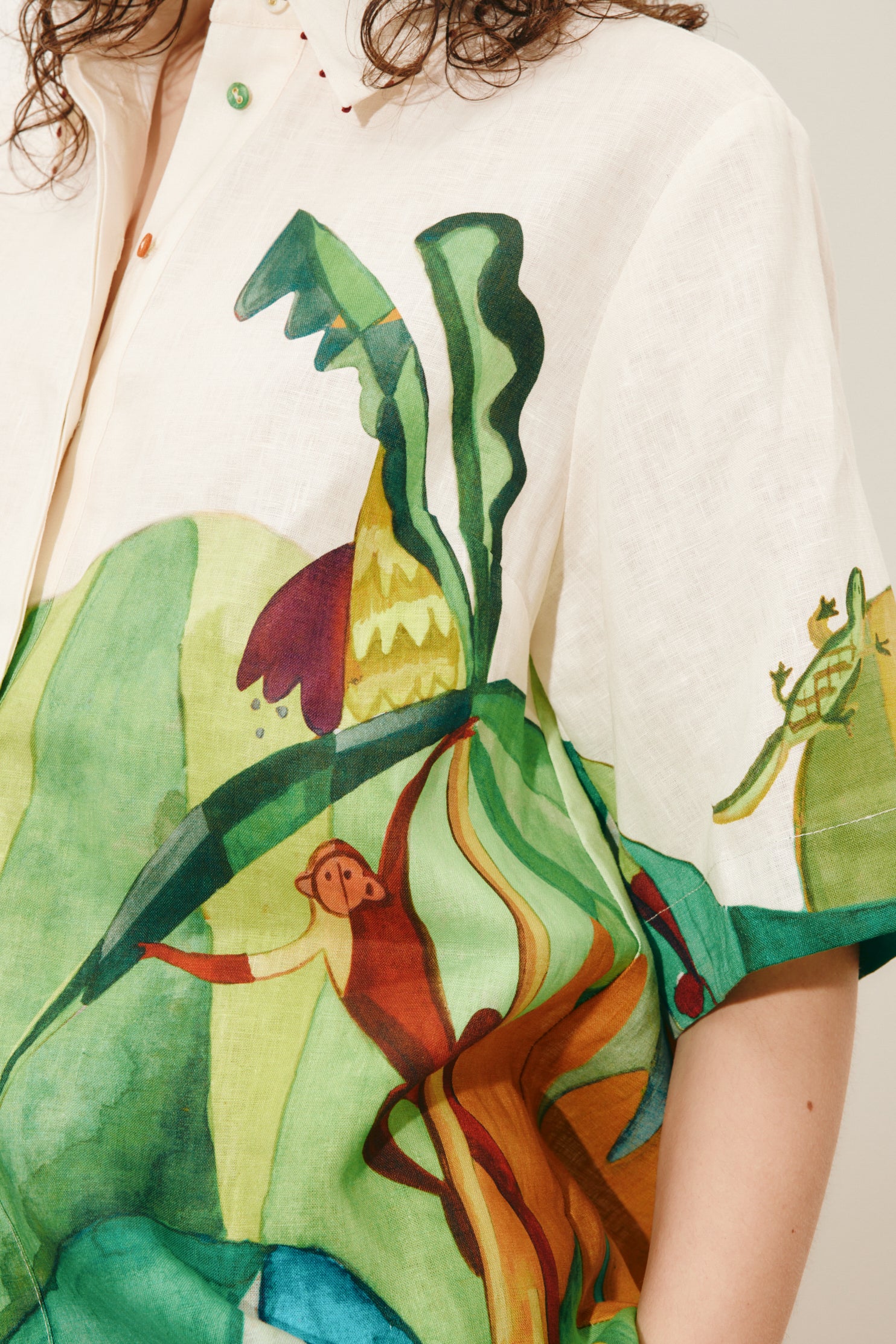 person wearing alemais womens printed linen Mokshini Shirt