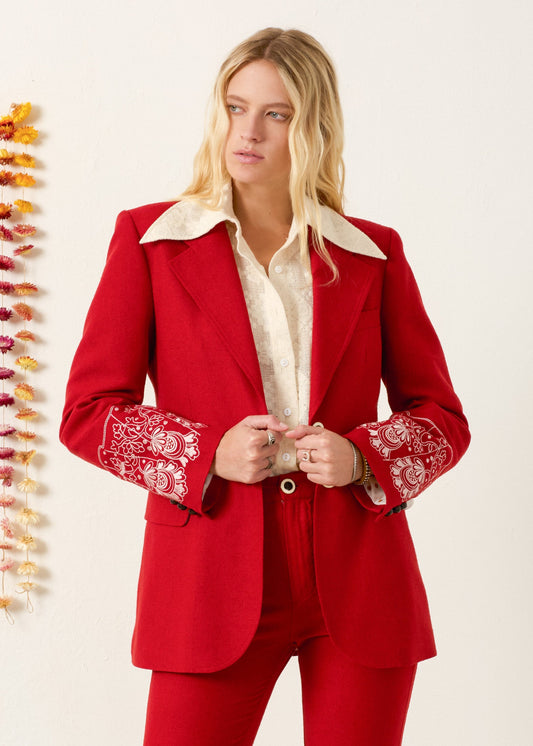 person wearing alix of bohemia Afternoon Russet Lace Blazer