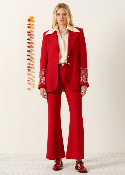 person wearing alix of bohemia Afternoon Russet Lace Blazer and bunny russet silk jean